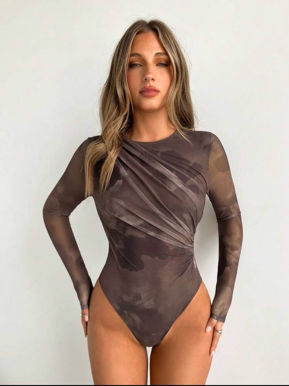 Sculpted Long-Sleeve Brown Bodysuit